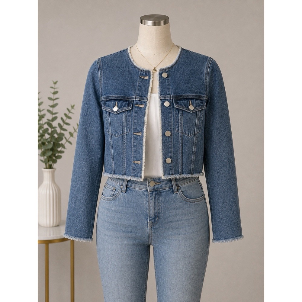 Vero Moda Medium Blue Cropped Collarless Denim Jacket‎ Size M NEW